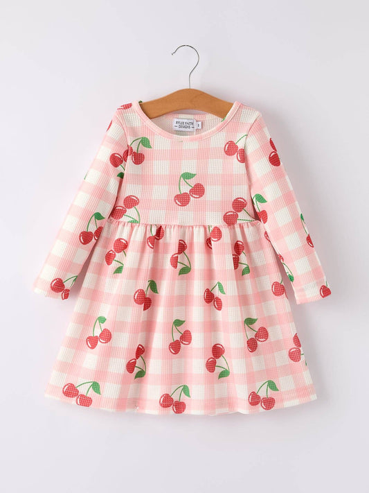 Waffle Cherry Dress in Pink- Girls (2-7)
