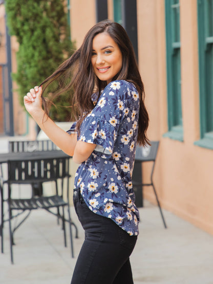 Bold Floral Flare Sleeve Top in Blue Cream- Misses (S-XL)