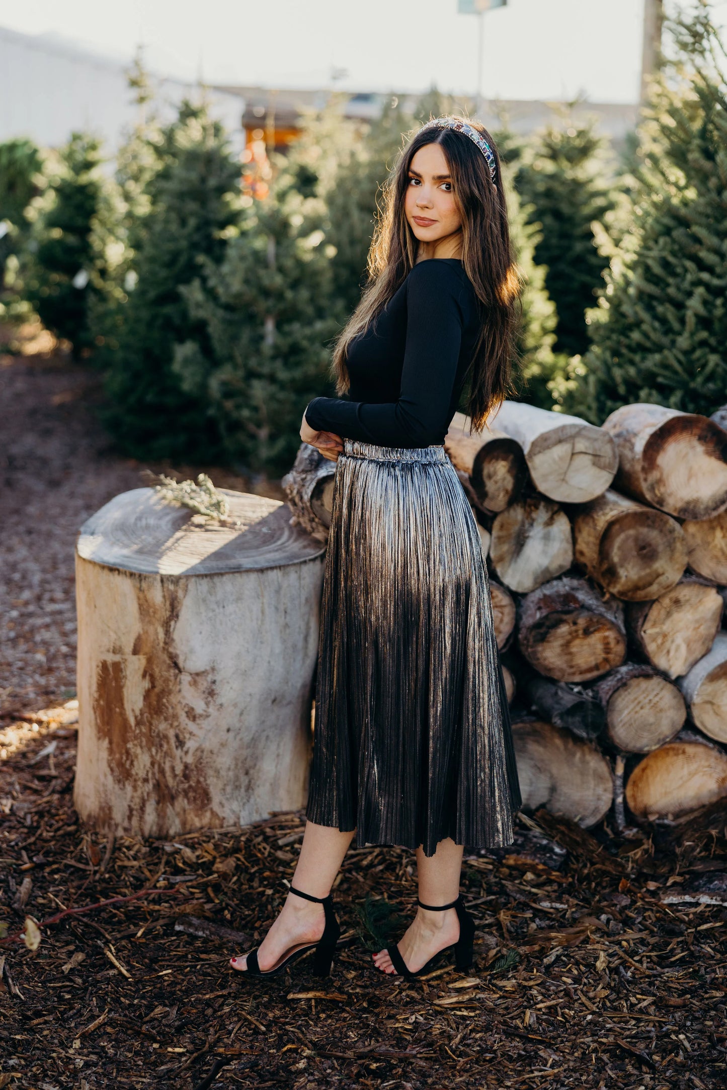 Metallic Pleat Skirt in Stardusk- Misses, Plus & Extended Plus (XS-3X)