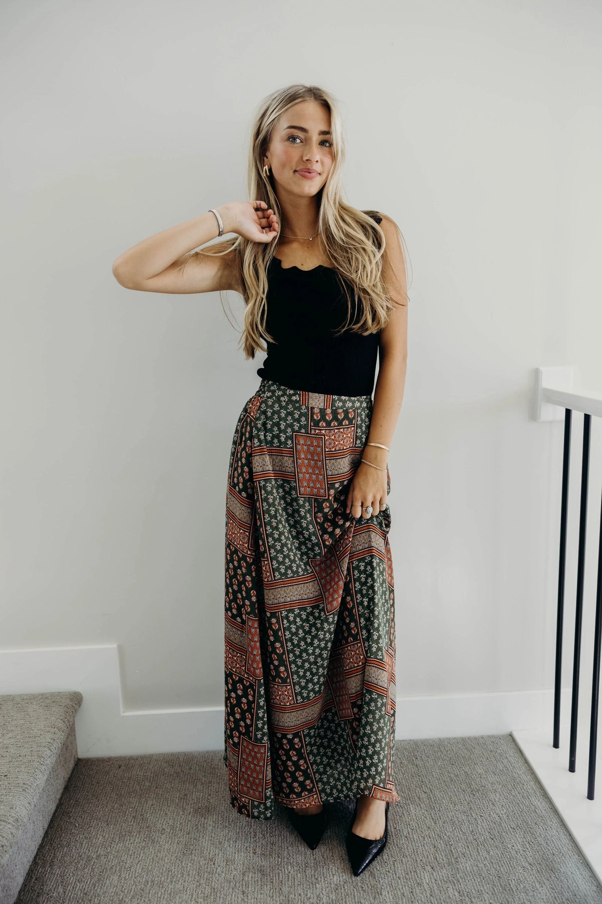 Maxi Slip Skirt in Olive Tapestry- Misses and Plus (XS-4X)