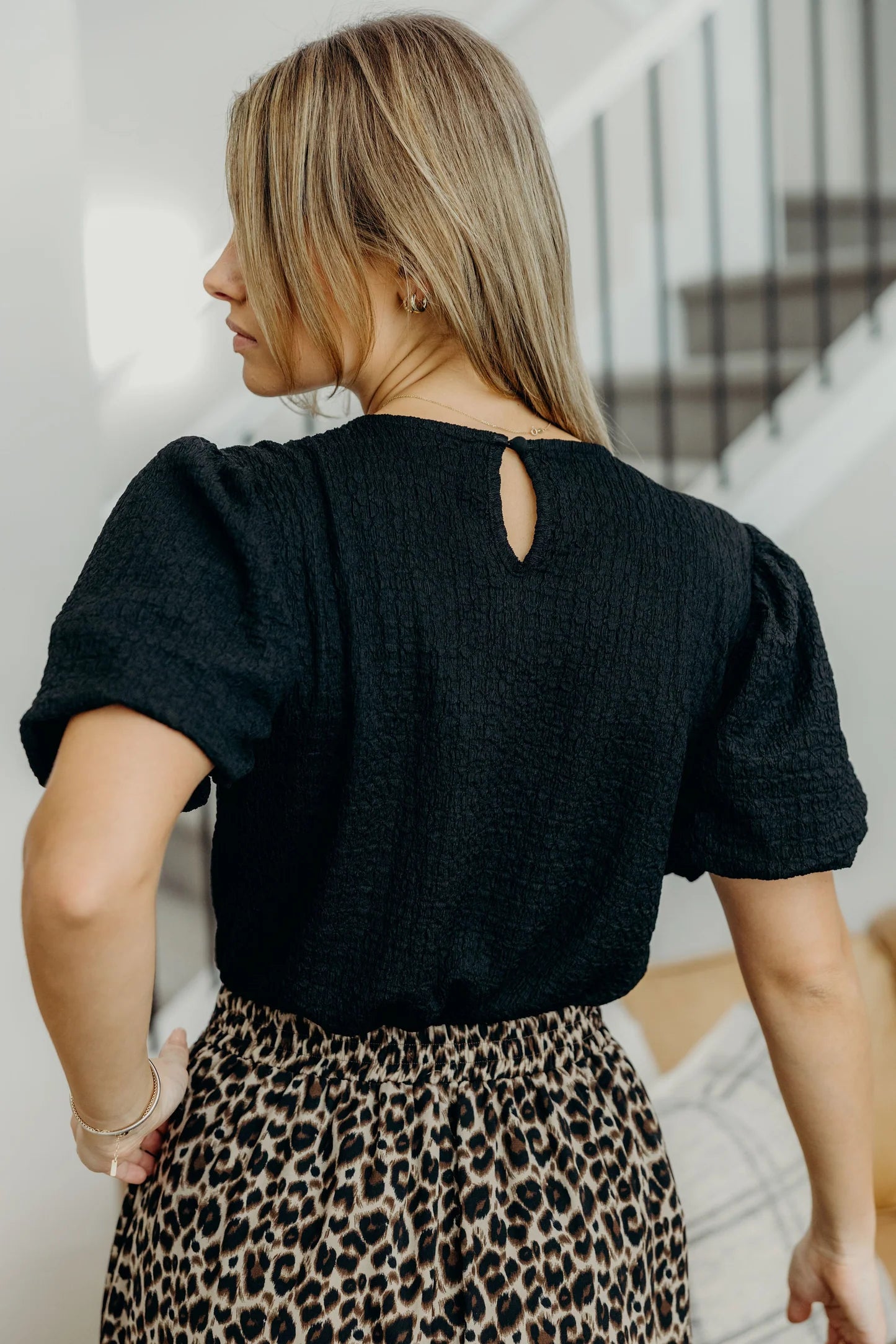 Puff Sleeve Top in Black- Misses (XS-XL)