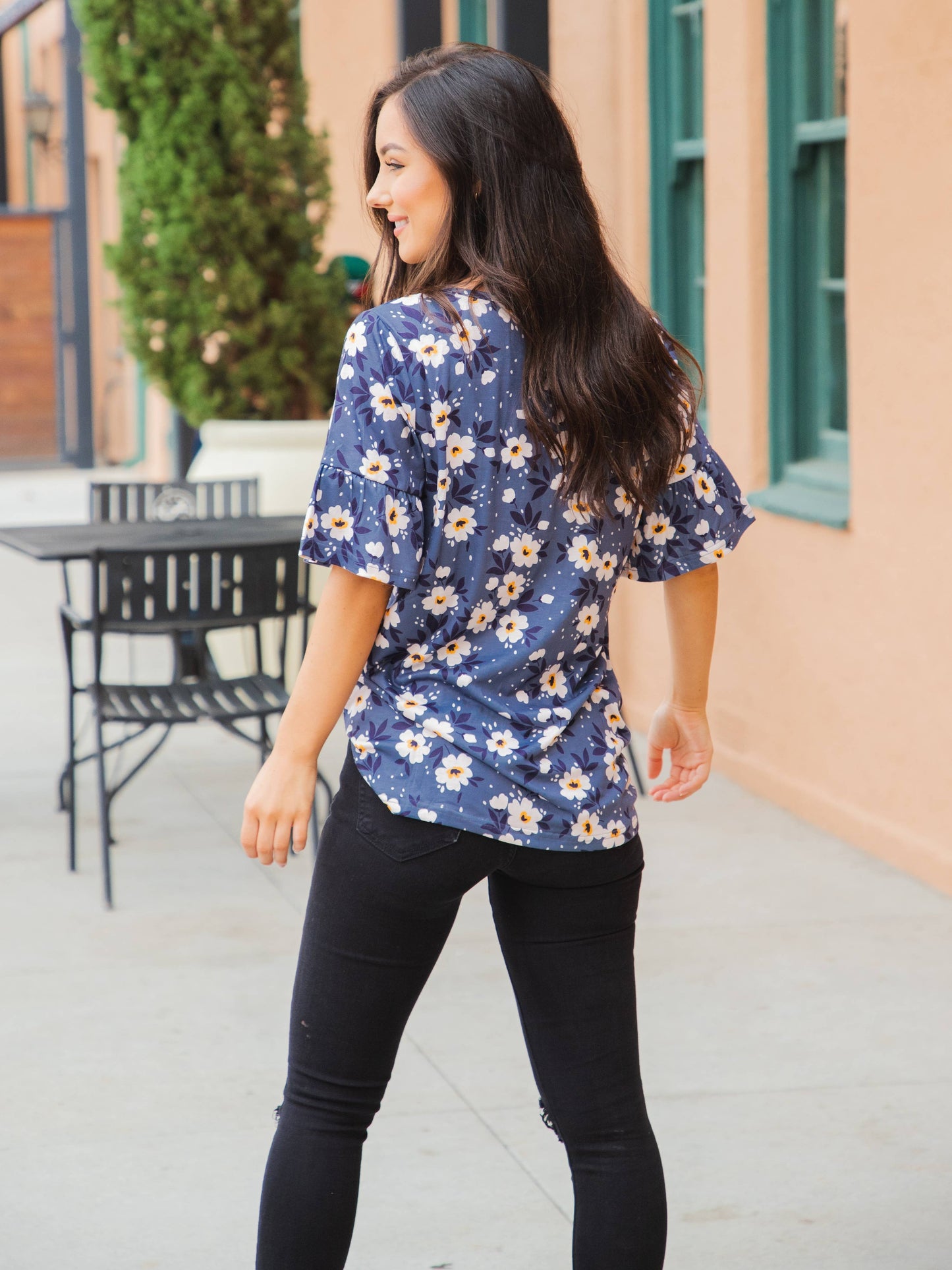 Bold Floral Flare Sleeve Top in Blue Cream- Misses (S-XL)