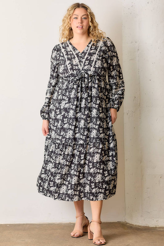 Adelina Dress in Black Multi- Plus (3X)