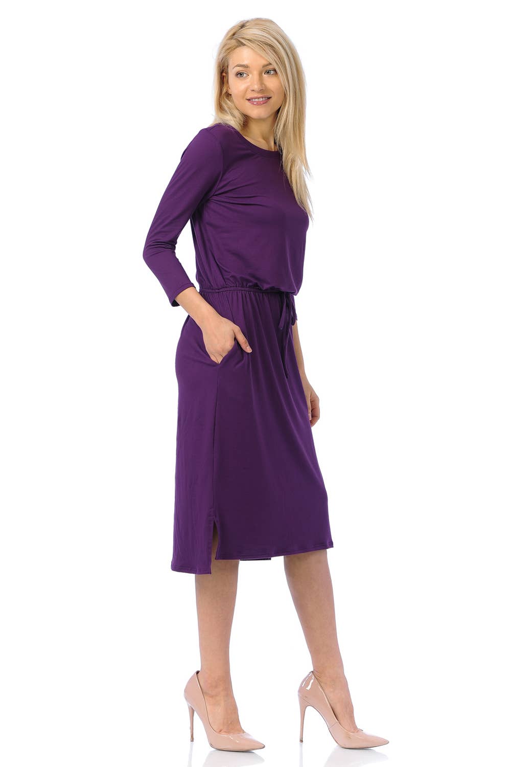 Elastic Waist Midi Dress in Eggplant- Misses (L)