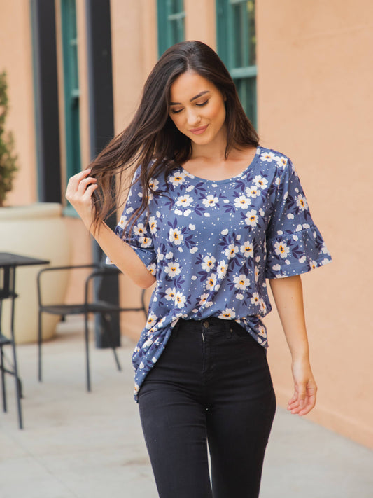 Bold Floral Flare Sleeve Top in Blue Cream- Misses (S-XL)