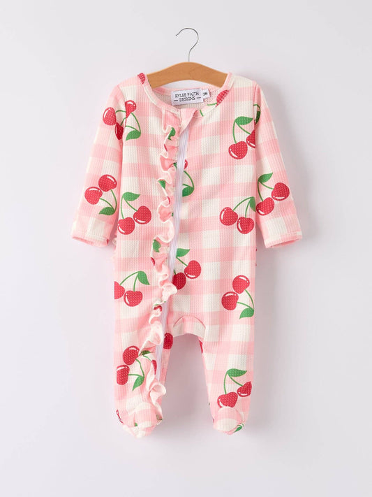 Waffle Cherry Romper in Pink- Infant Girls (3M-18M)