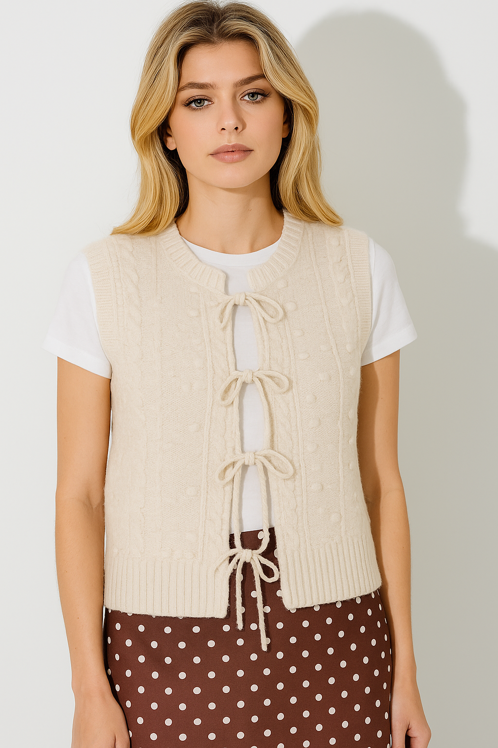 Ribbon Sweater Vest in Oatmeal- Misses and Plus (XS-3X)