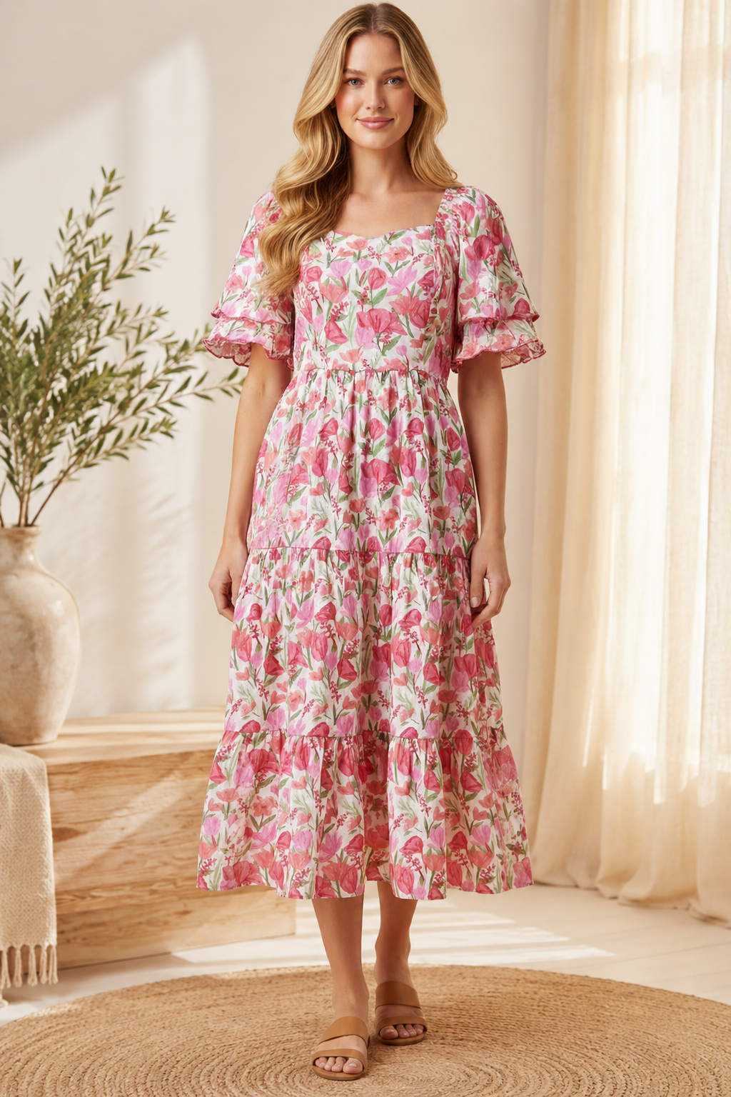 pink dress modest Floral Contrast Piped Tulip Sleeve Dress L