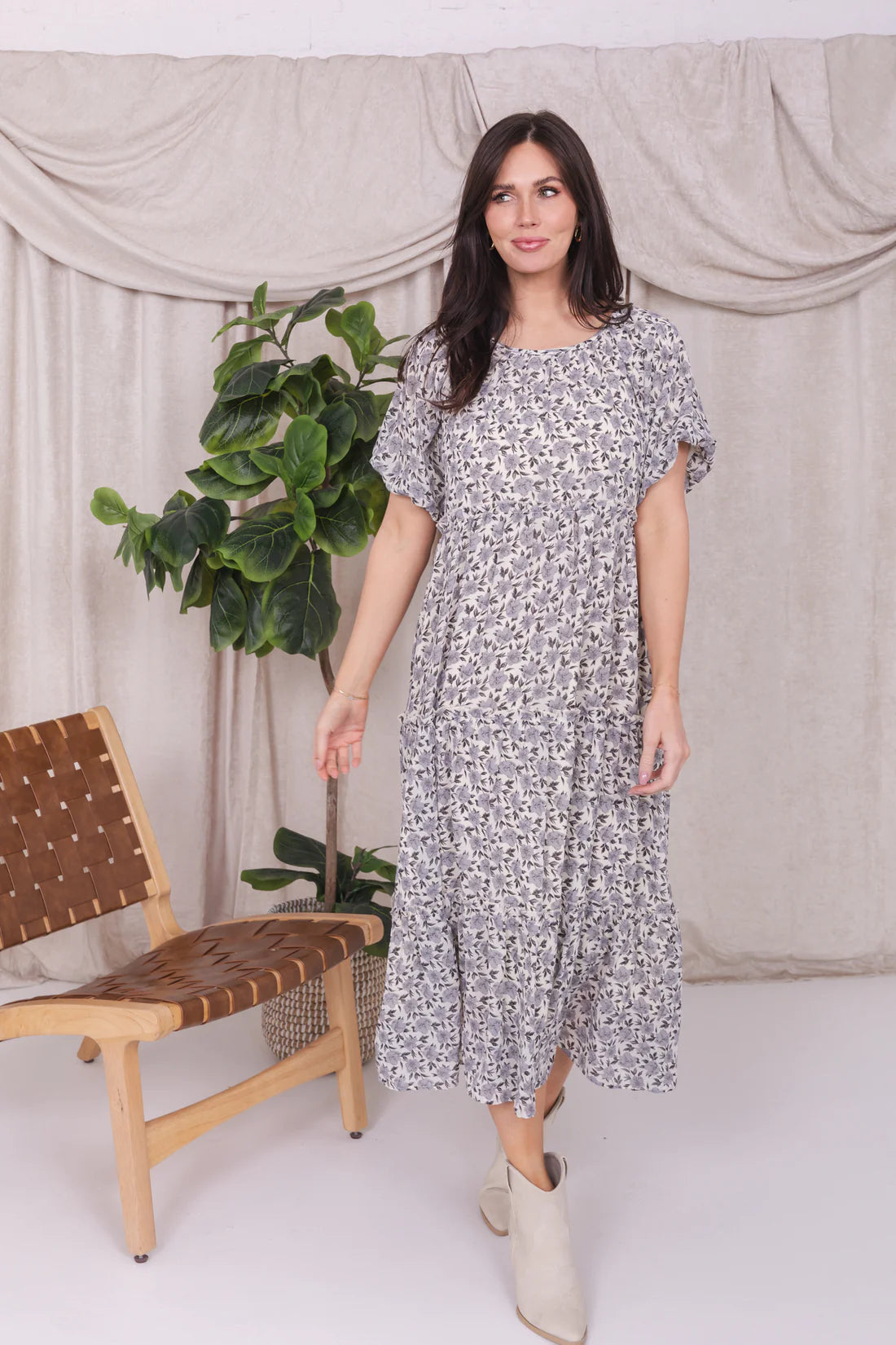 Serena Dress in Silver Peony- Misses and Plus (S-2X)
