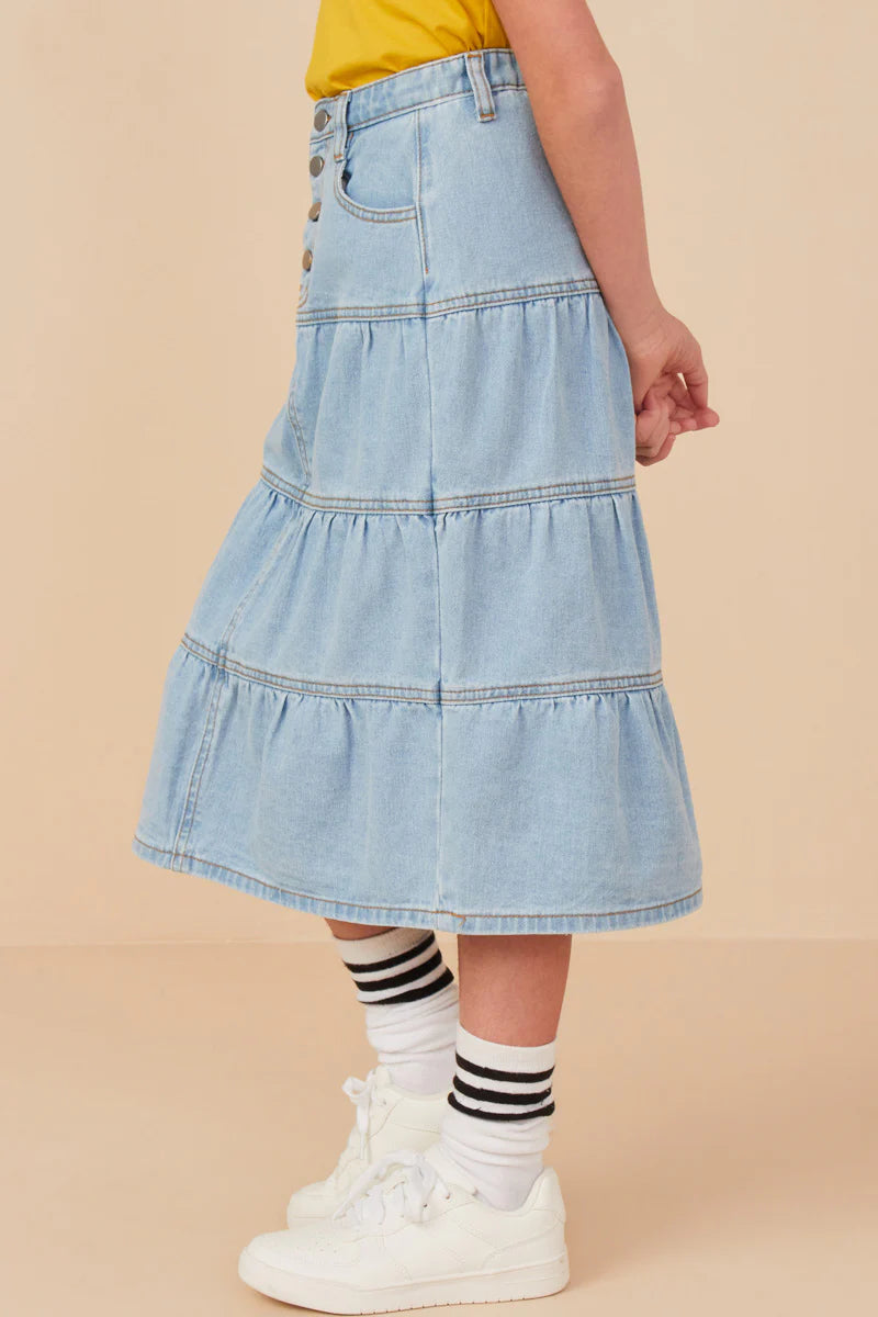 Button Fly Tiered Skirt in Light Denim- Tween (S 7/8 - XL 13/14)
