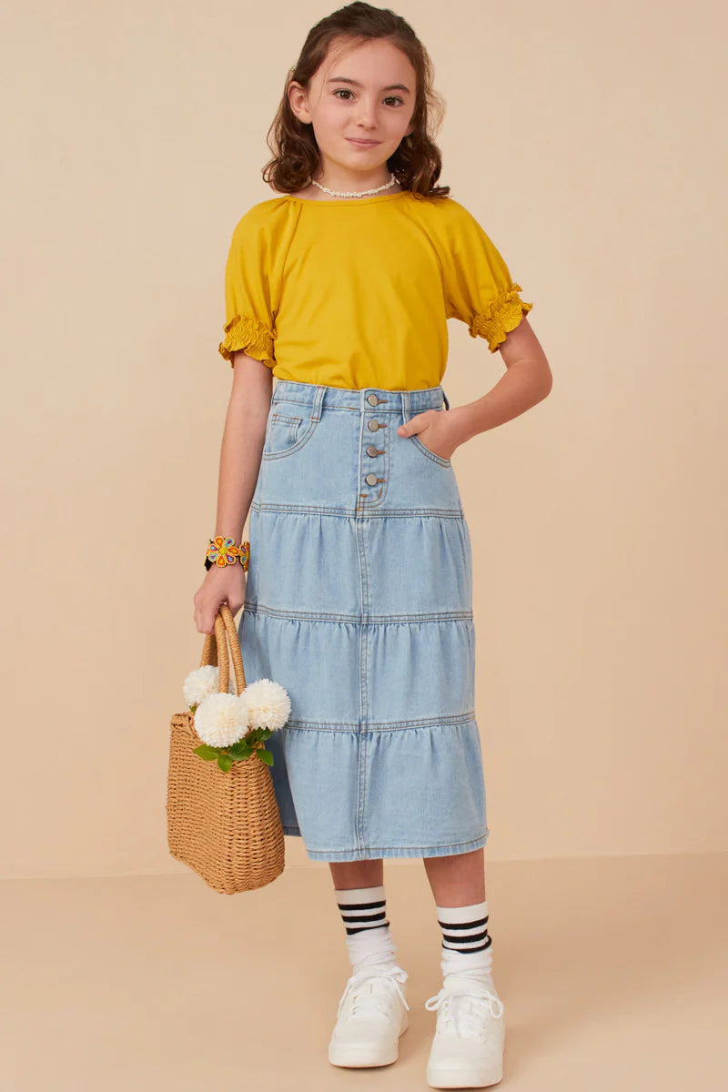 Button Fly Tiered Skirt in Light Denim- Tween (S 7/8 - XL 13/14)