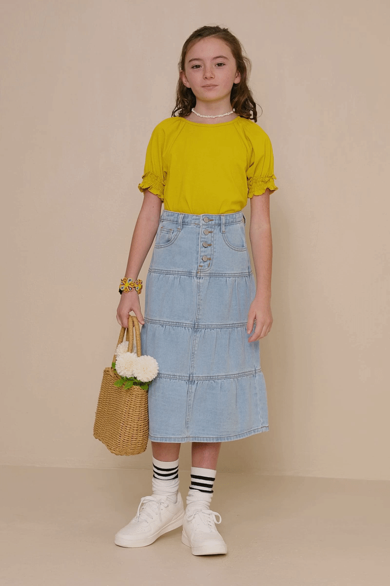 Button Fly Tiered Skirt in Light Denim- Tween (S 7/8 - XL 13/14)
