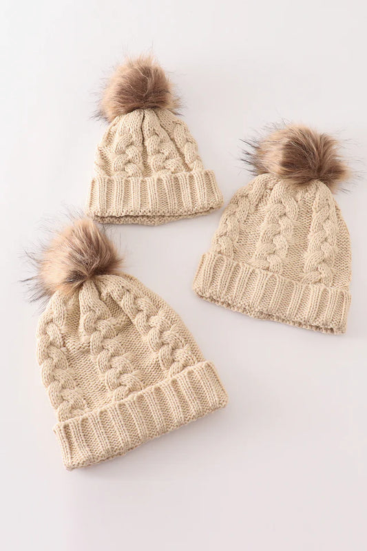 Pompom Cable Beanie in Beige- Accessories (Baby/Kids/Adult)