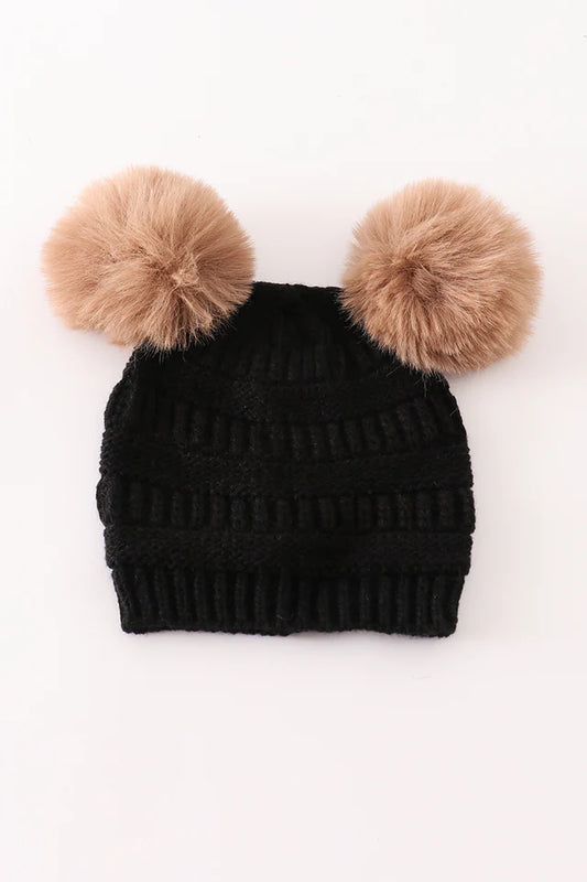 Double Pompom Cable Beanie in Black- Accessories