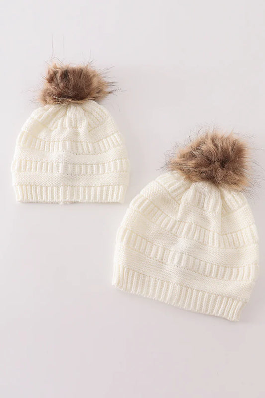 Pompom Cable Beanie in Ivory- Kids & Adult