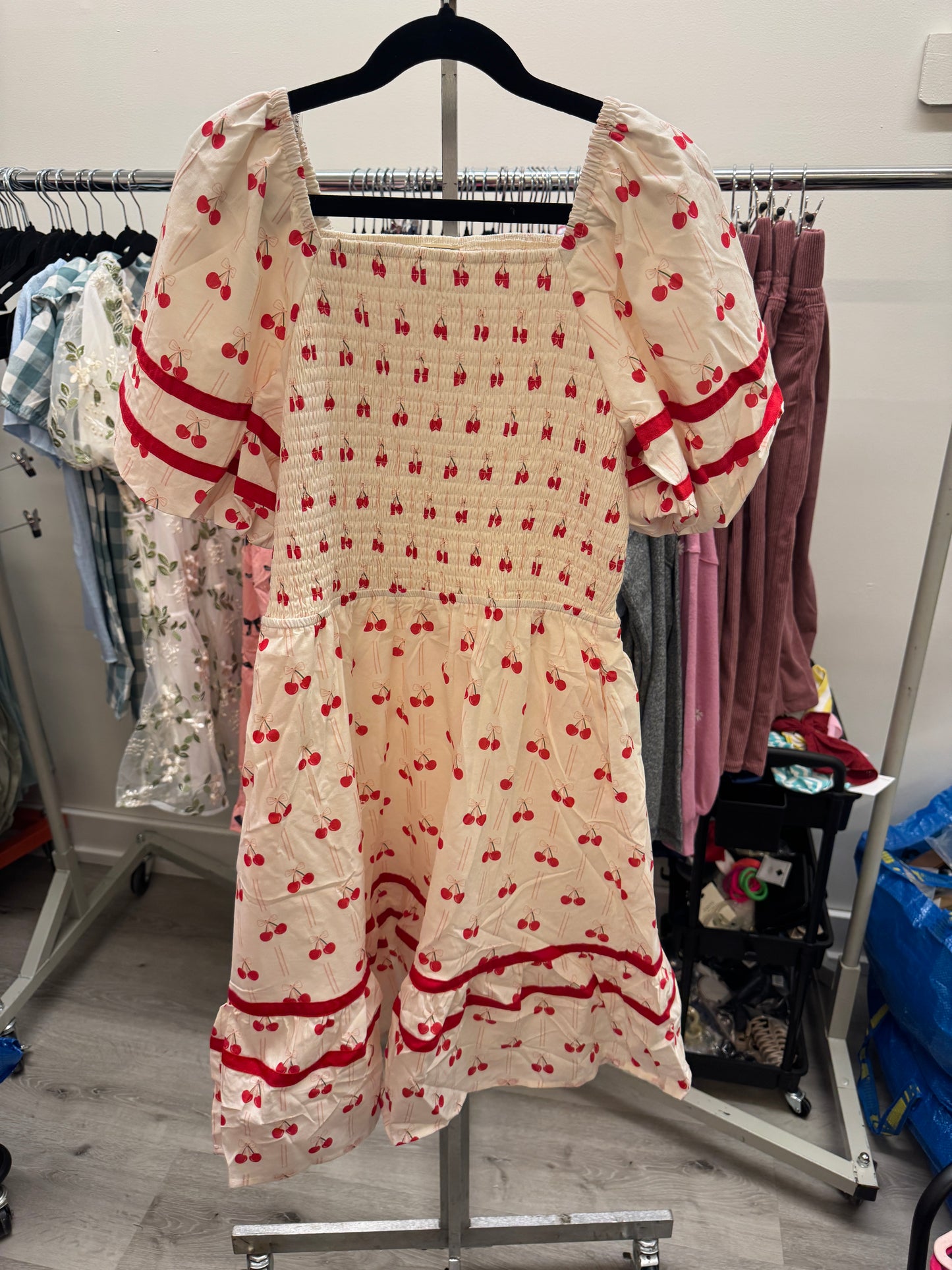 Cherry Picnic Dress in Off White- Tween (S 7/8- XL 13/14)