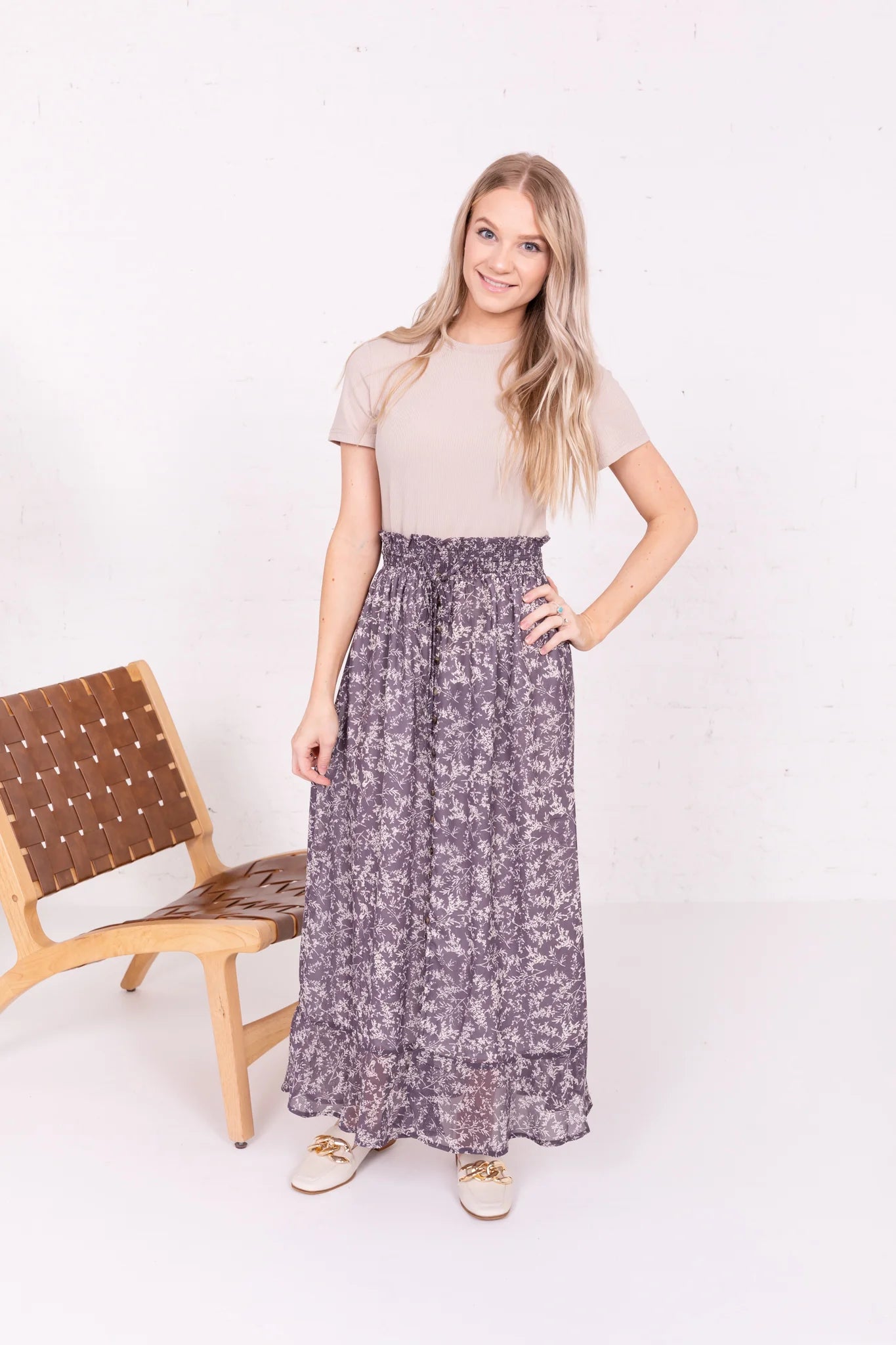 Button Front Skirt in Pewter Branches- Misses & Plus (L-2X)