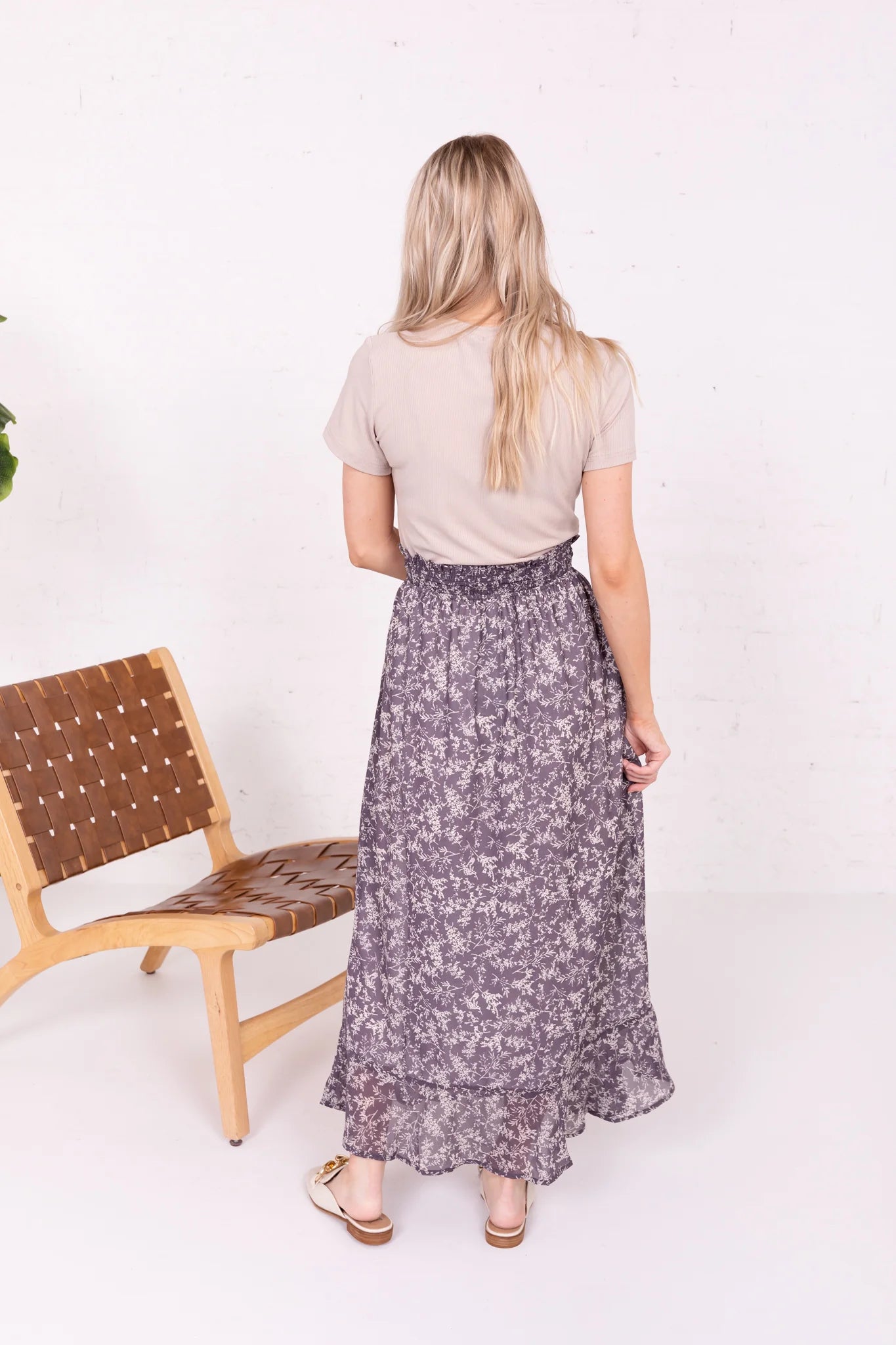 Button Front Skirt in Pewter Branches- Misses & Plus (L-2X)