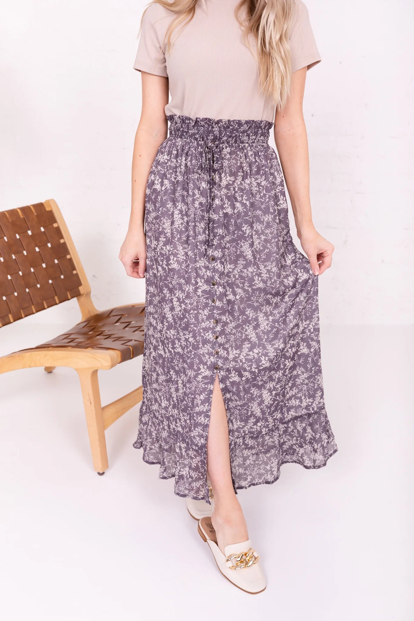 Button Front Skirt in Pewter Branches- Misses & Plus (L-2X)