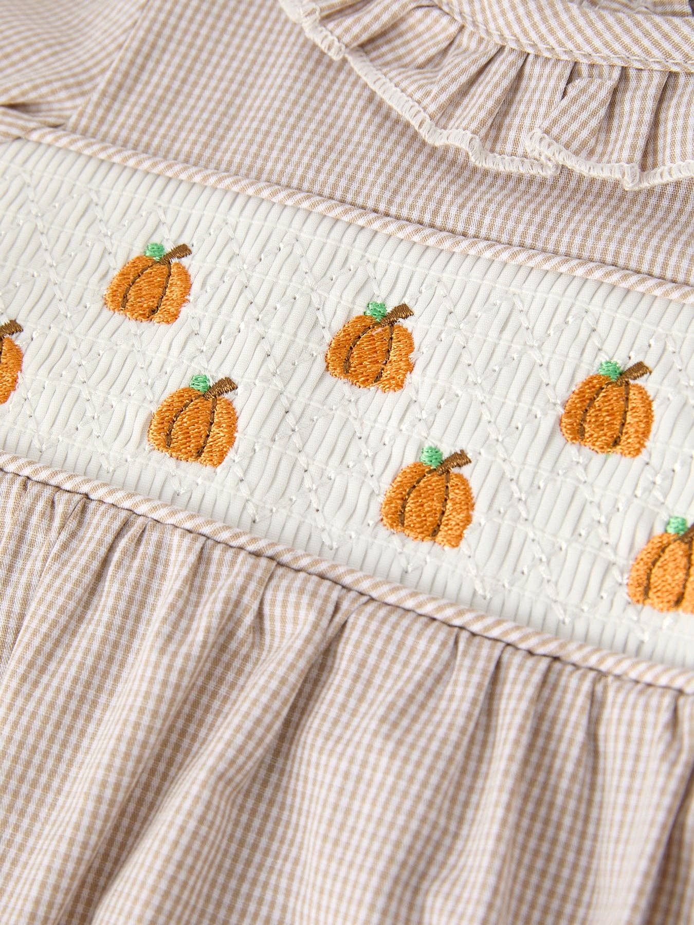 Pumpkin Patch Smocked Romper in Tan- Infant Girls (3M-18M)