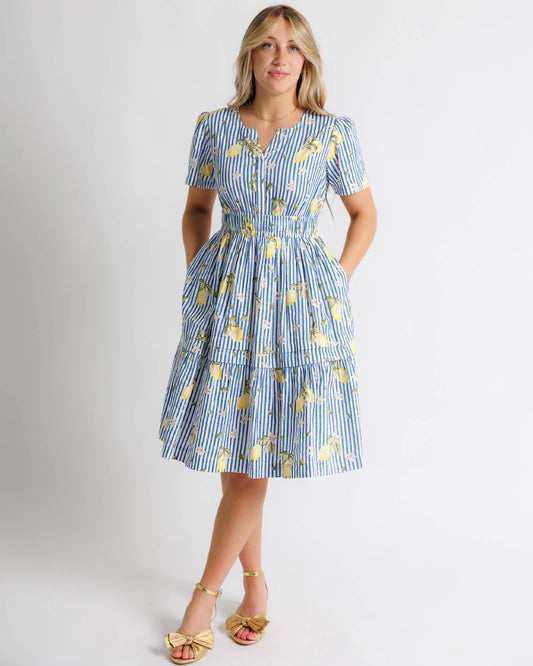 Lemon and Stripes Dress in Blue- Misses and Plus (XS-2X)