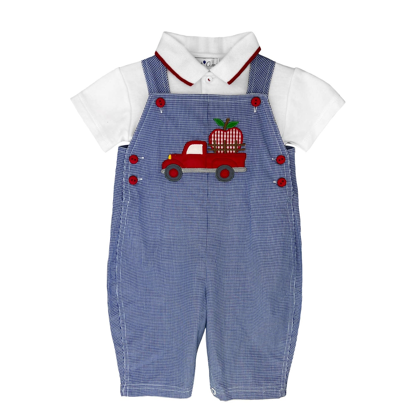 Apple Applique Overall in Blue- Infant Boys (3M-24M)
