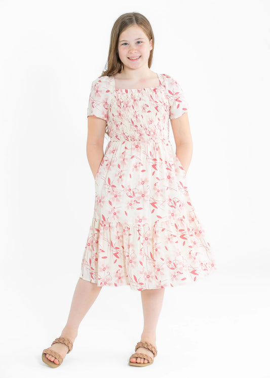 Flutter Breeze Midi Dress in Pink Floral- Tween (XS 5/6)