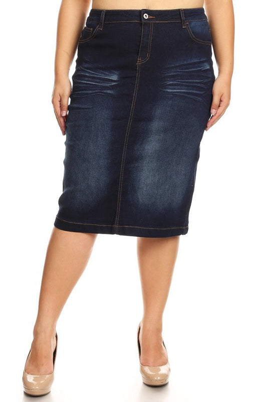 Dennie Denim Middle Length Skirt in Dk Indigo- Misses & Plus (S-3X)