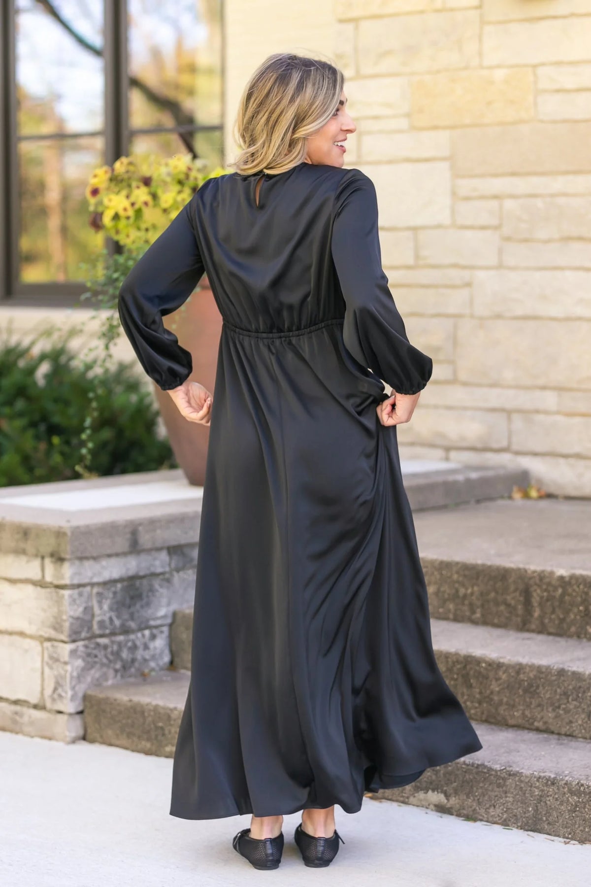 Muriel Satin Maxi Dress in Black- Misses and Plus (XL,2X)