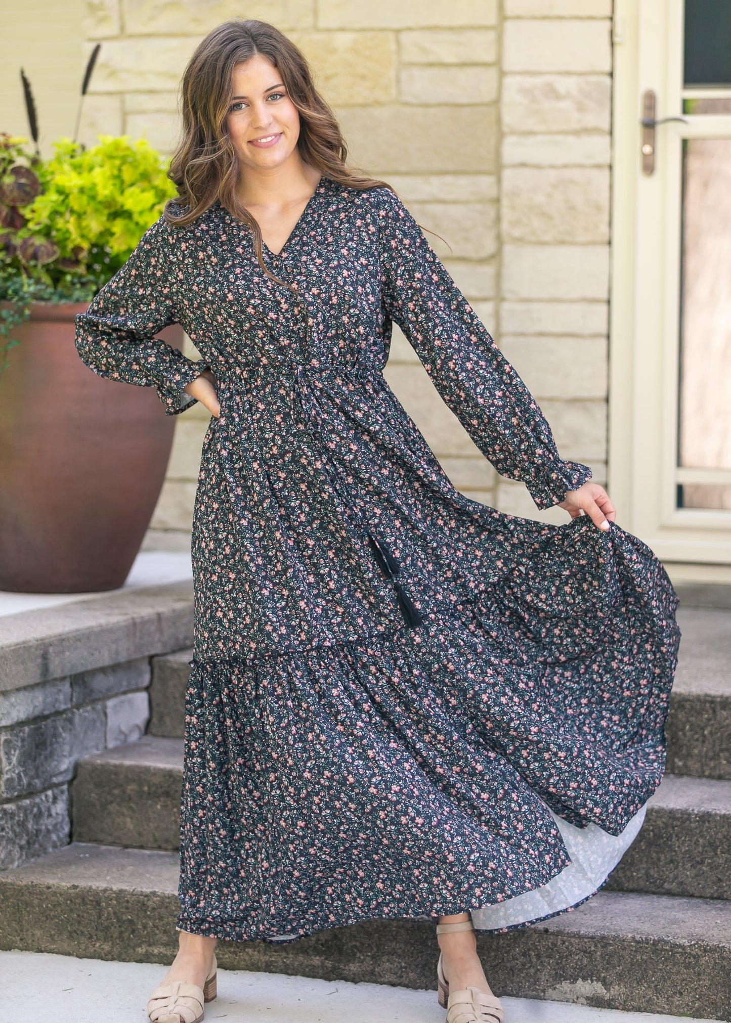 Evangeline Floral Maxi Dress in Black Floral- Misses (XS-XL)