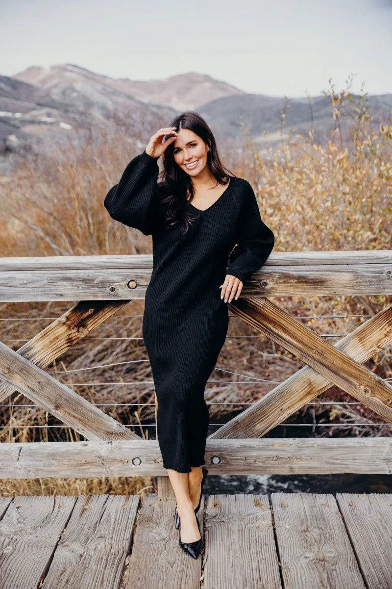 Romee Sweater Dress in Black- Misses, Plus and Extended Plus (M-4X)