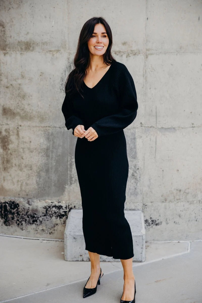 Romee Sweater Dress in Black- Misses, Plus and Extended Plus (M-4X)