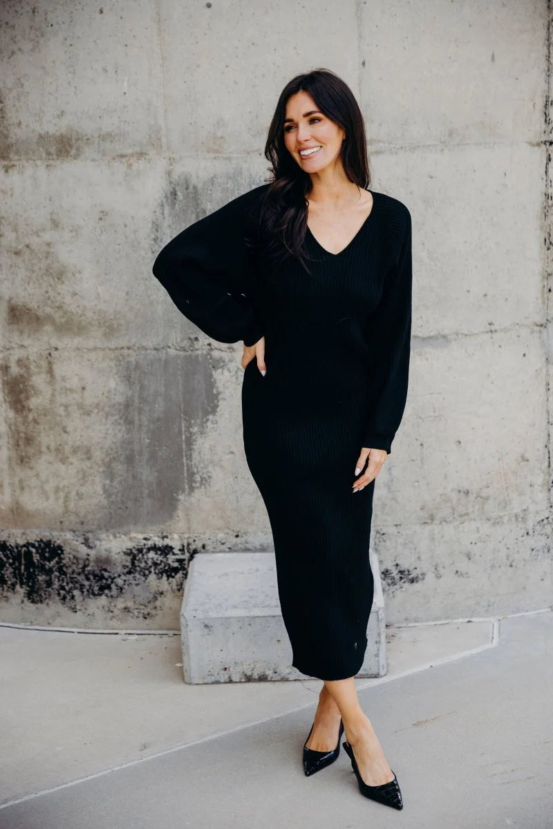 Romee Sweater Dress in Black- Misses, Plus and Extended Plus (M-4X)