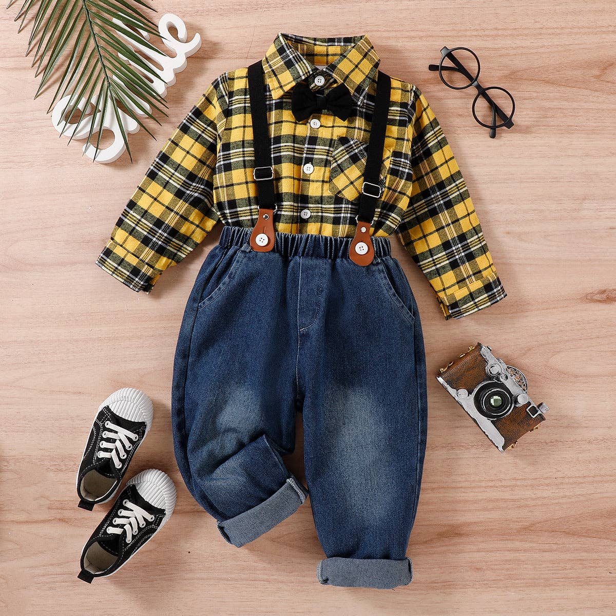 Suspender Denim Jeans and Plaid Shirt Set in Yellow- Boys (4/5,5/6)