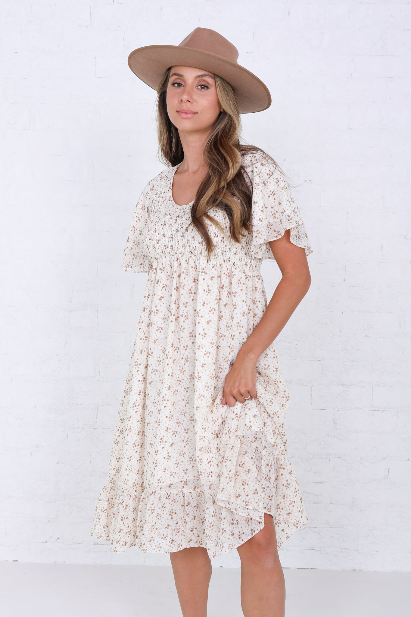 Frances Dress in Toffee Floral- Misses and Plus (XS-2X)