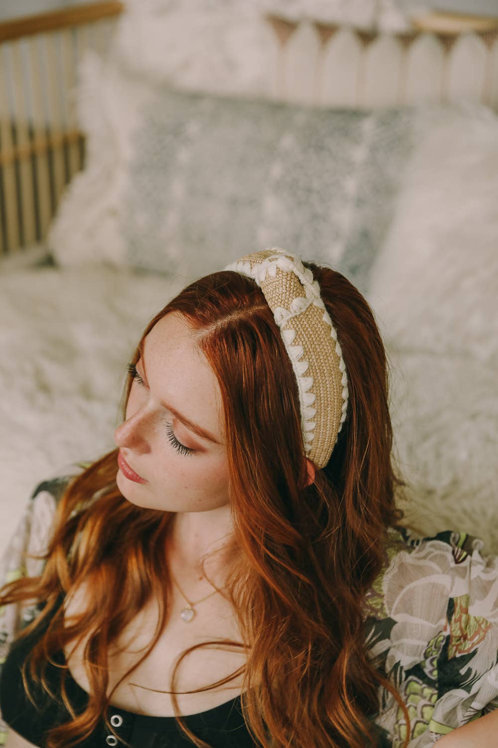 Topknot Checker Crochet Headband in Tan