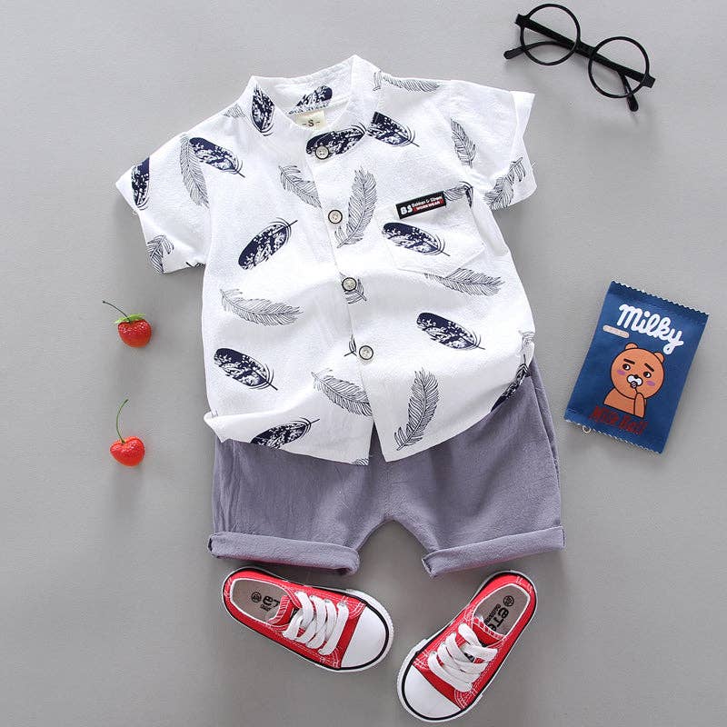 Leaf Print Shirt & Short Set in White- Boys (3/6 M - 2/3 Years)