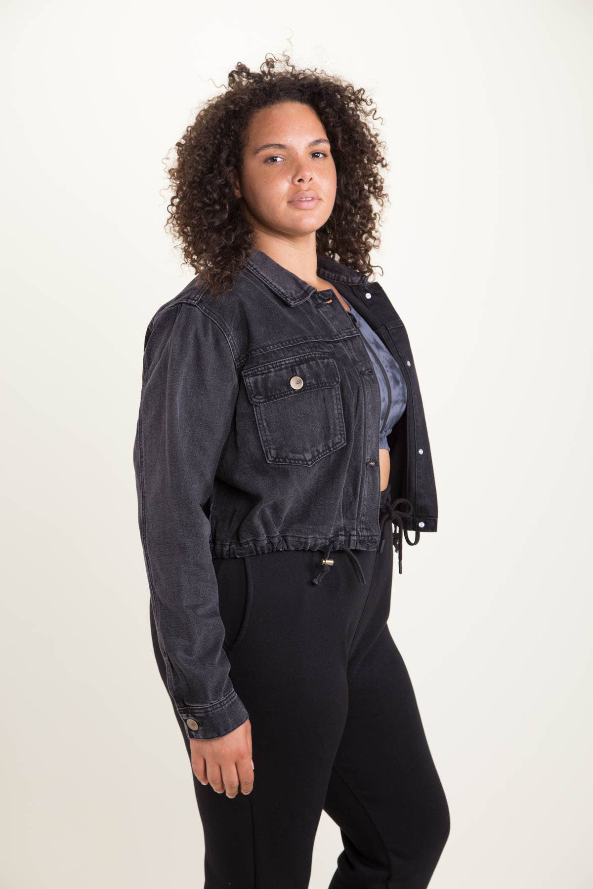 Drawstring Crop Denim Jacket in Black - Plus