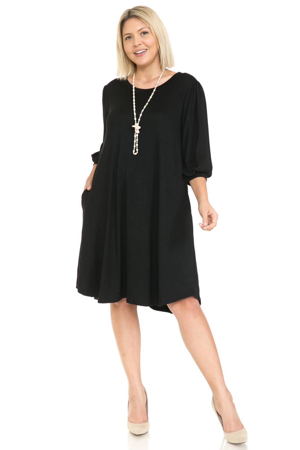 Balloon Sleeve Midi Dress in Black- Plus (2X-3X)