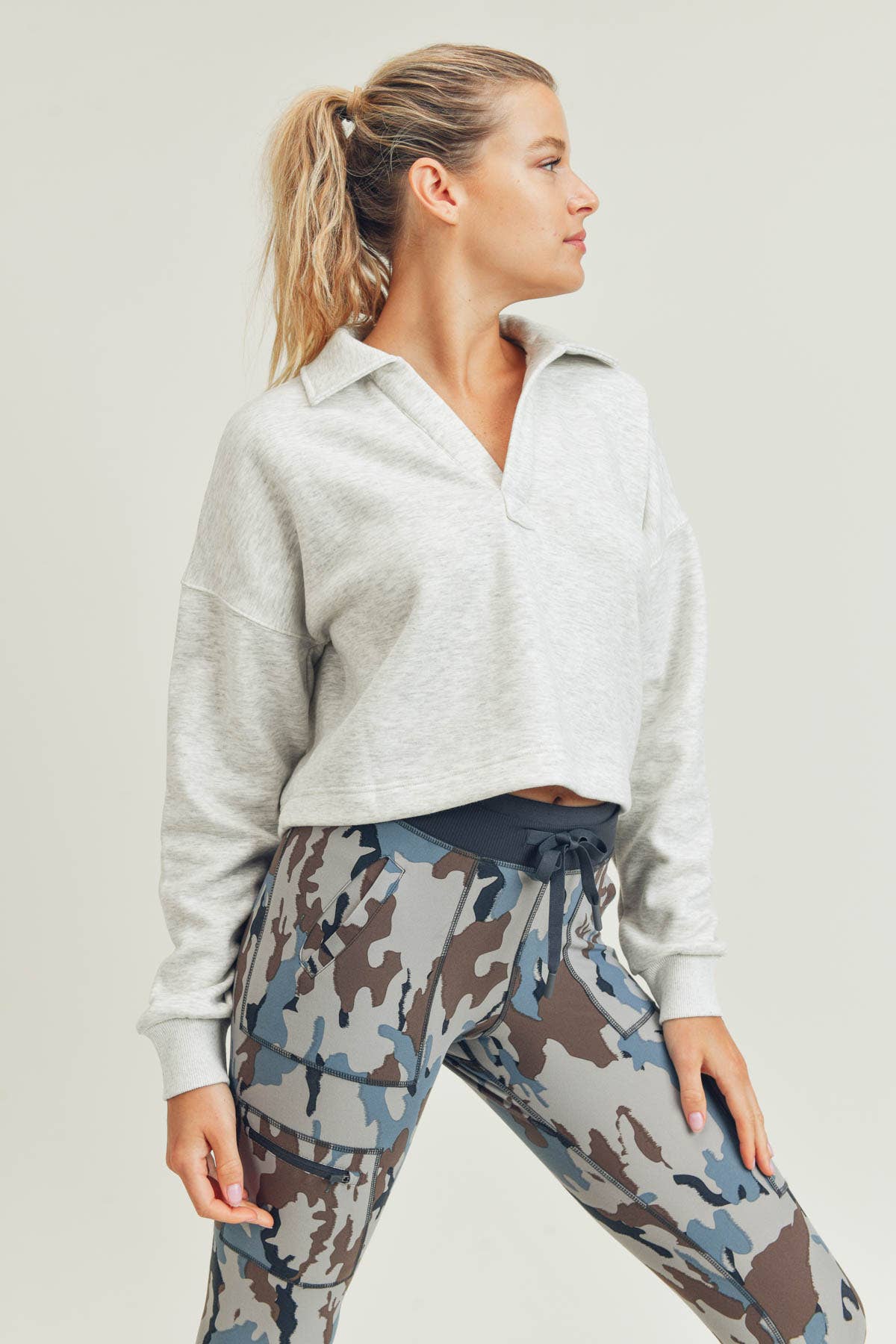 Boxy Collared Cropped Top in 2 Tone Grey- Misses