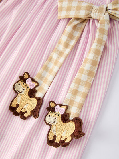 Farm Horse Bow Dress in Pink Stripes- Girls (2-7)