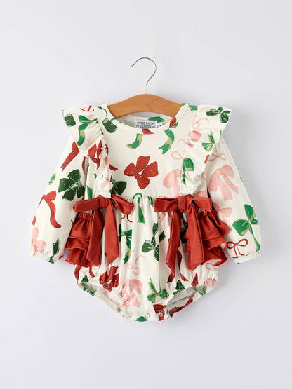 Christmas Bow Romper in Ivory- Infant Girls (3M-18M)