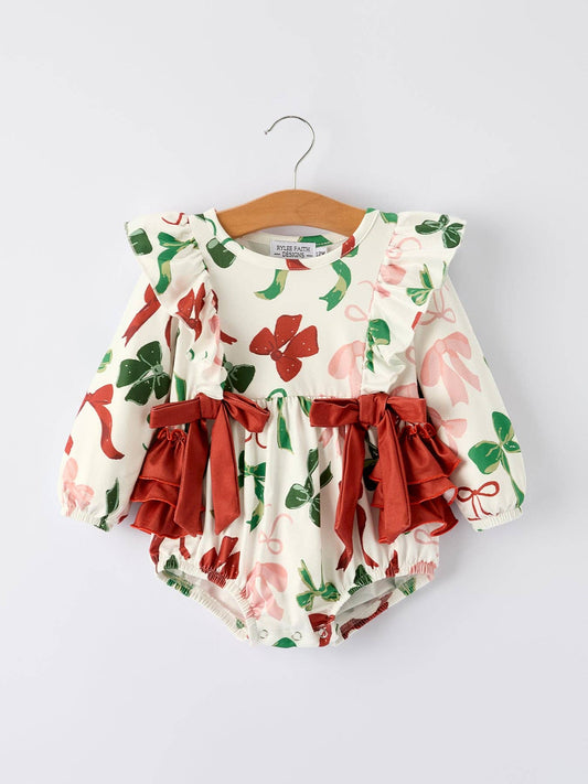 Christmas Bow Romper in Ivory- Infant Girls (3M-18M)