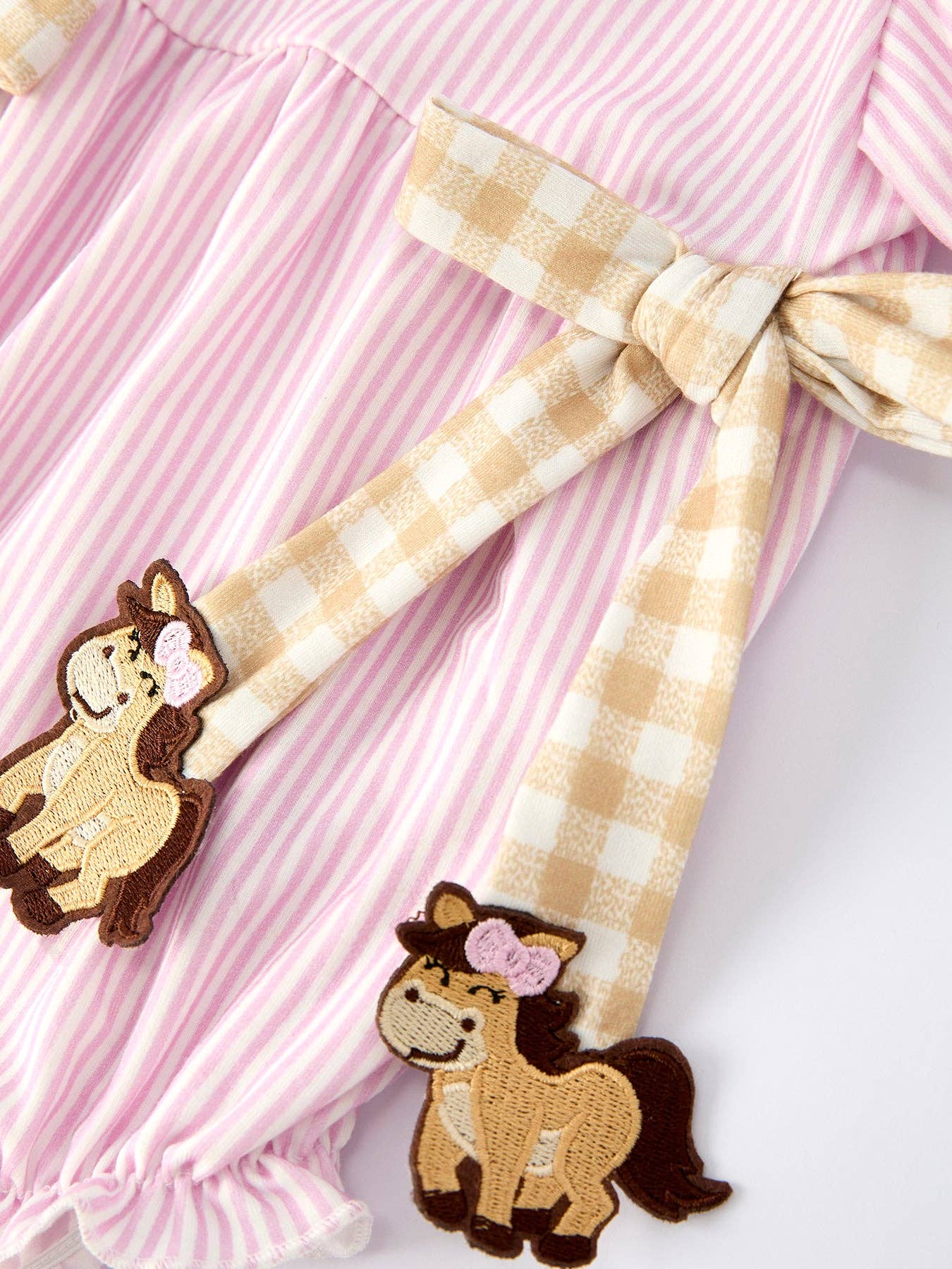 Farm Horse Bow Romper in Pink Stripes- Infant Girls (3M-18M)