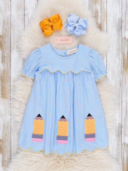 Embroidered Pencils Dress in Blue- Girls/Tween (4-9/10)