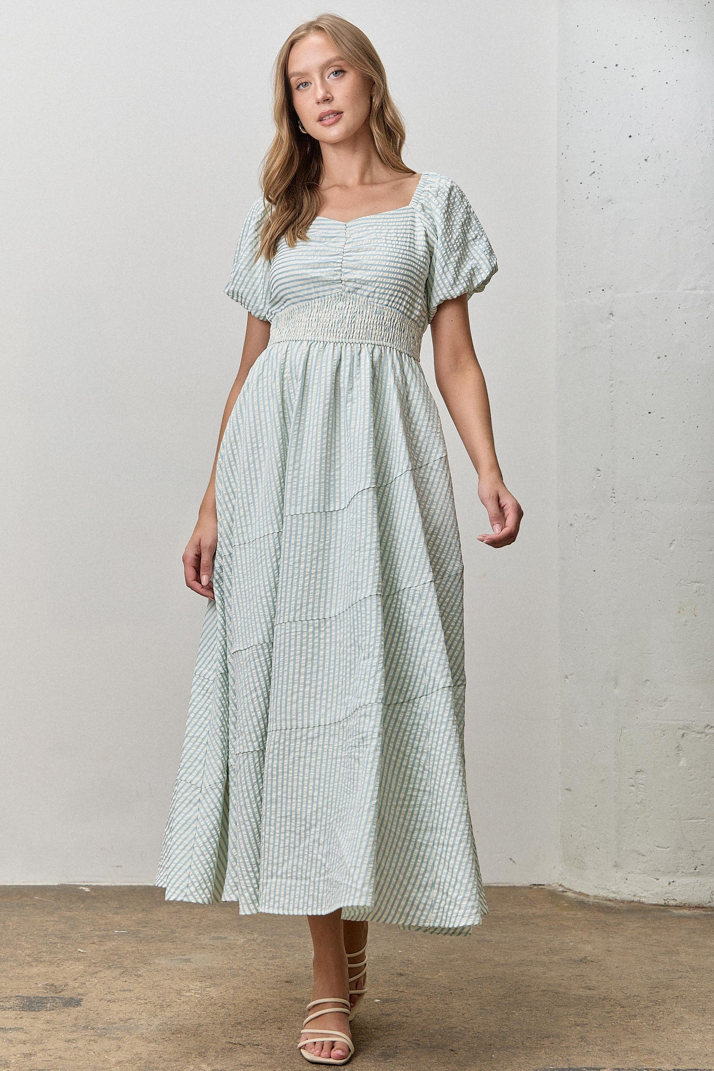 Seabreeze Stripe Dress in Cream/Lt Blue- Misses & Plus (M,L,1X-3X)