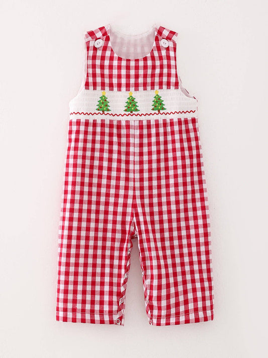 Christmas Tree Smocking Boys Romper in Red- Infant Boys (3M-18M)