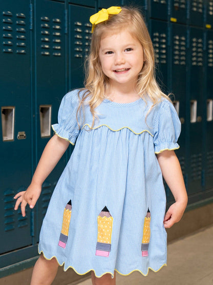 Embroidered Pencils Dress in Blue- Girls/Tween (4-9/10)