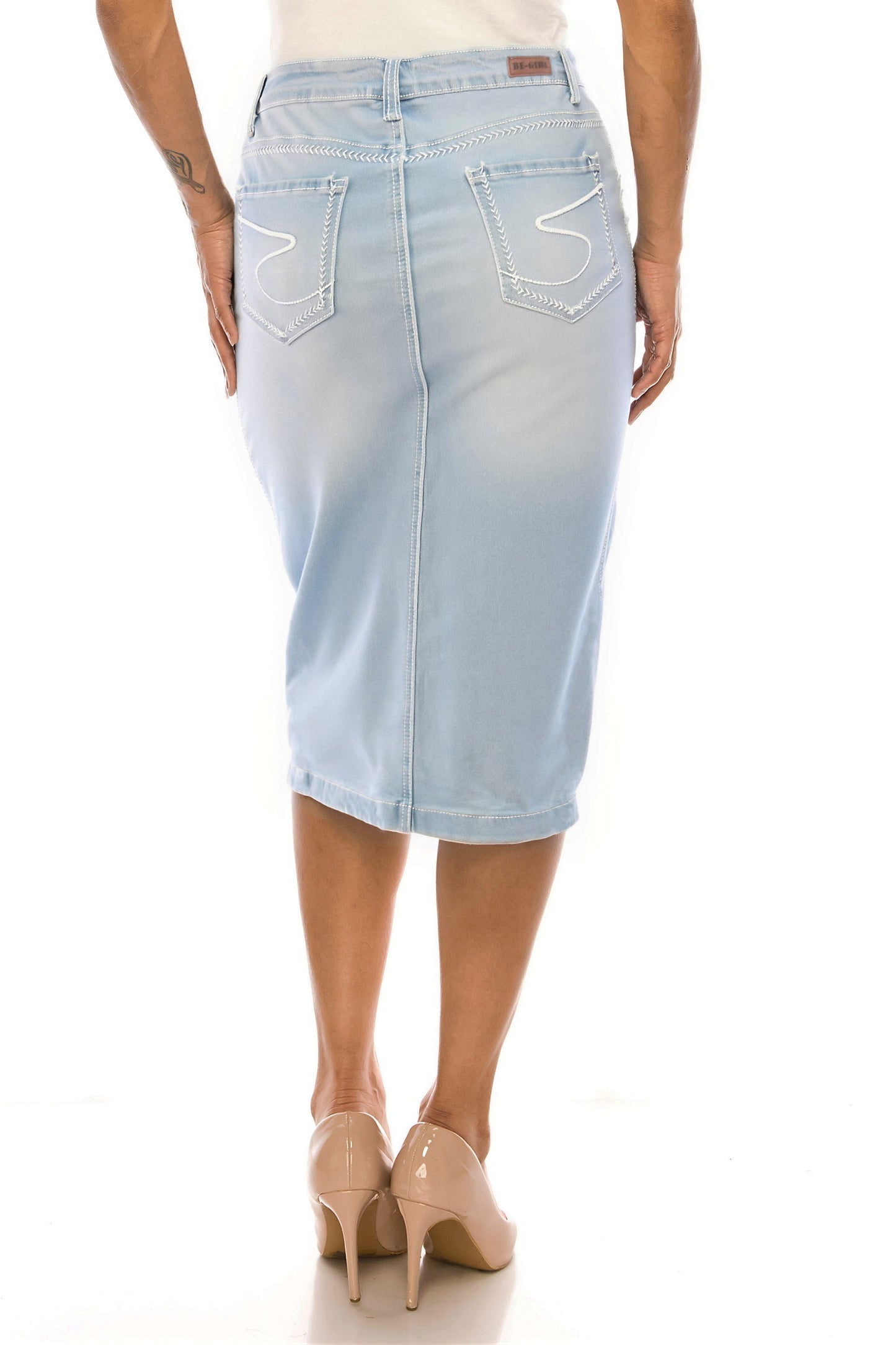 Lioren Denim Skirt in Lt Indigo- Misses and Plus (M-XL,3X)