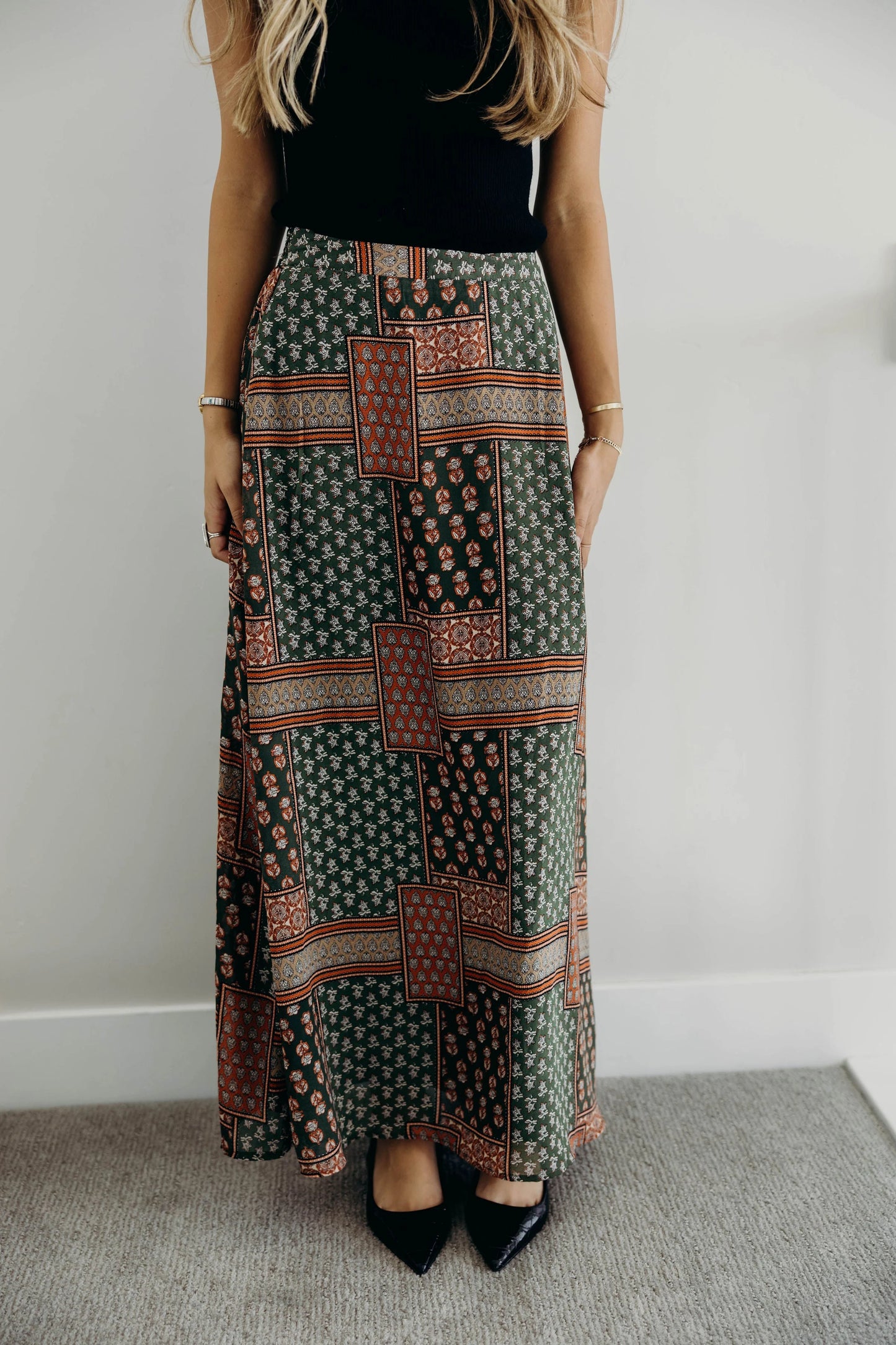 Maxi Slip Skirt in Olive Tapestry- Misses and Plus (XS-4X)